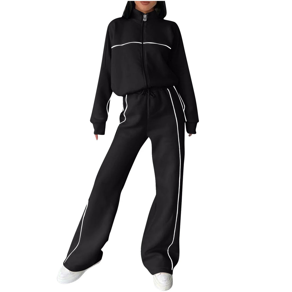 Cotton Tracksuits Womens 2-Piece Full-Zip Sweatshirt & Wide-Leg Jogger Set