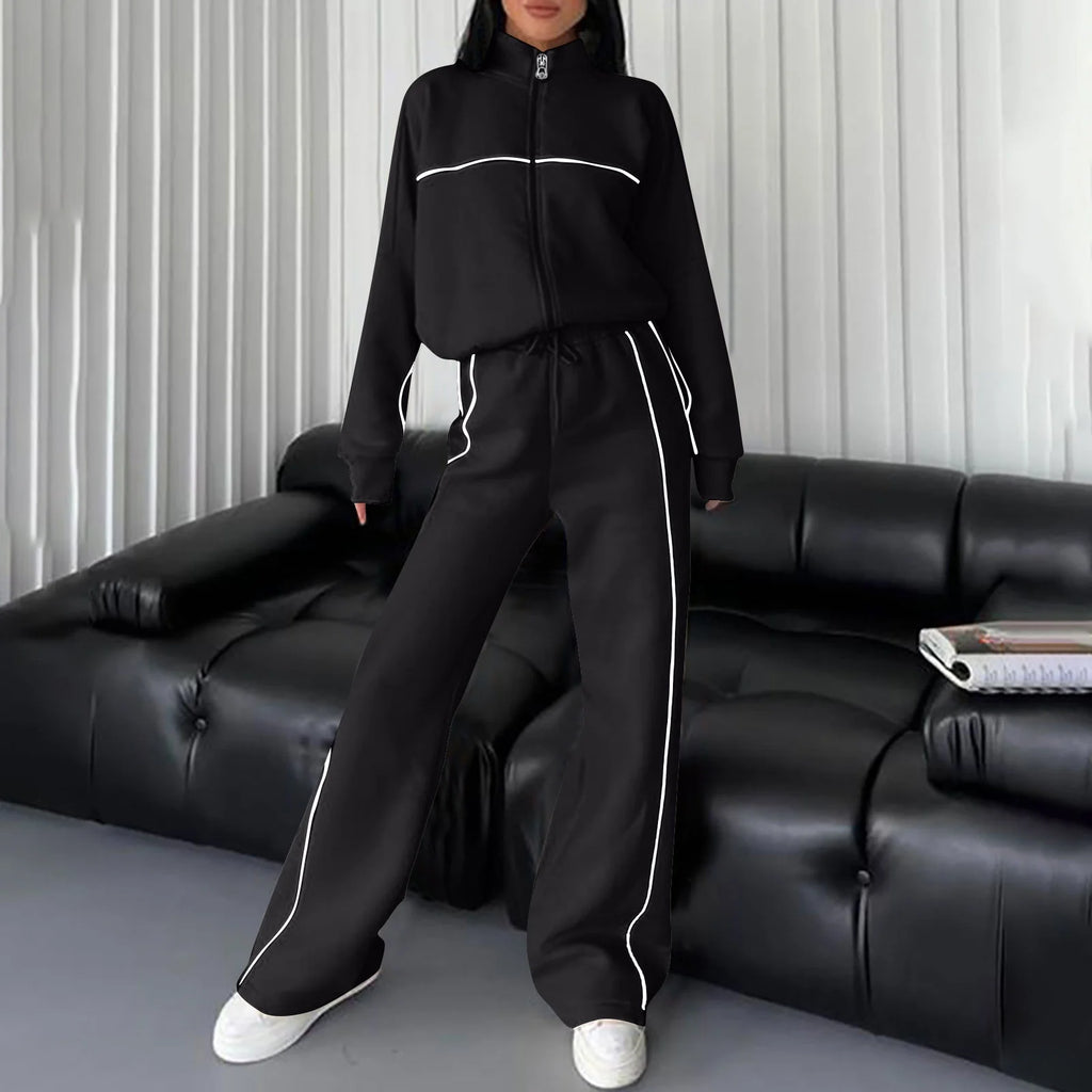 Cotton Tracksuits Womens 2-Piece Full-Zip Sweatshirt & Wide-Leg Jogger Set