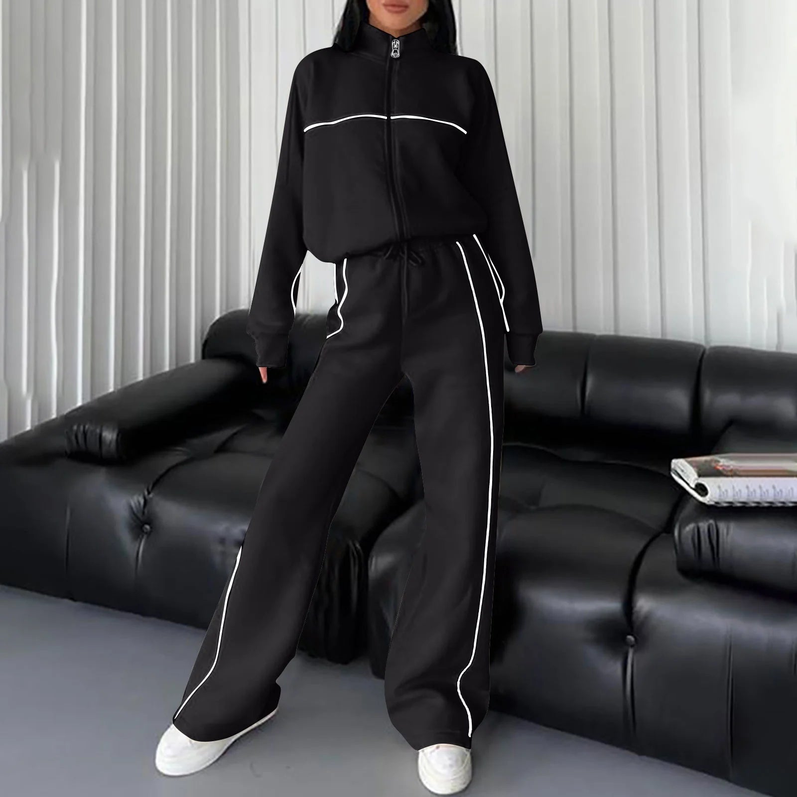 Cotton Tracksuits Womens 2-Piece Full-Zip Sweatshirt & Wide-Leg Jogger Set