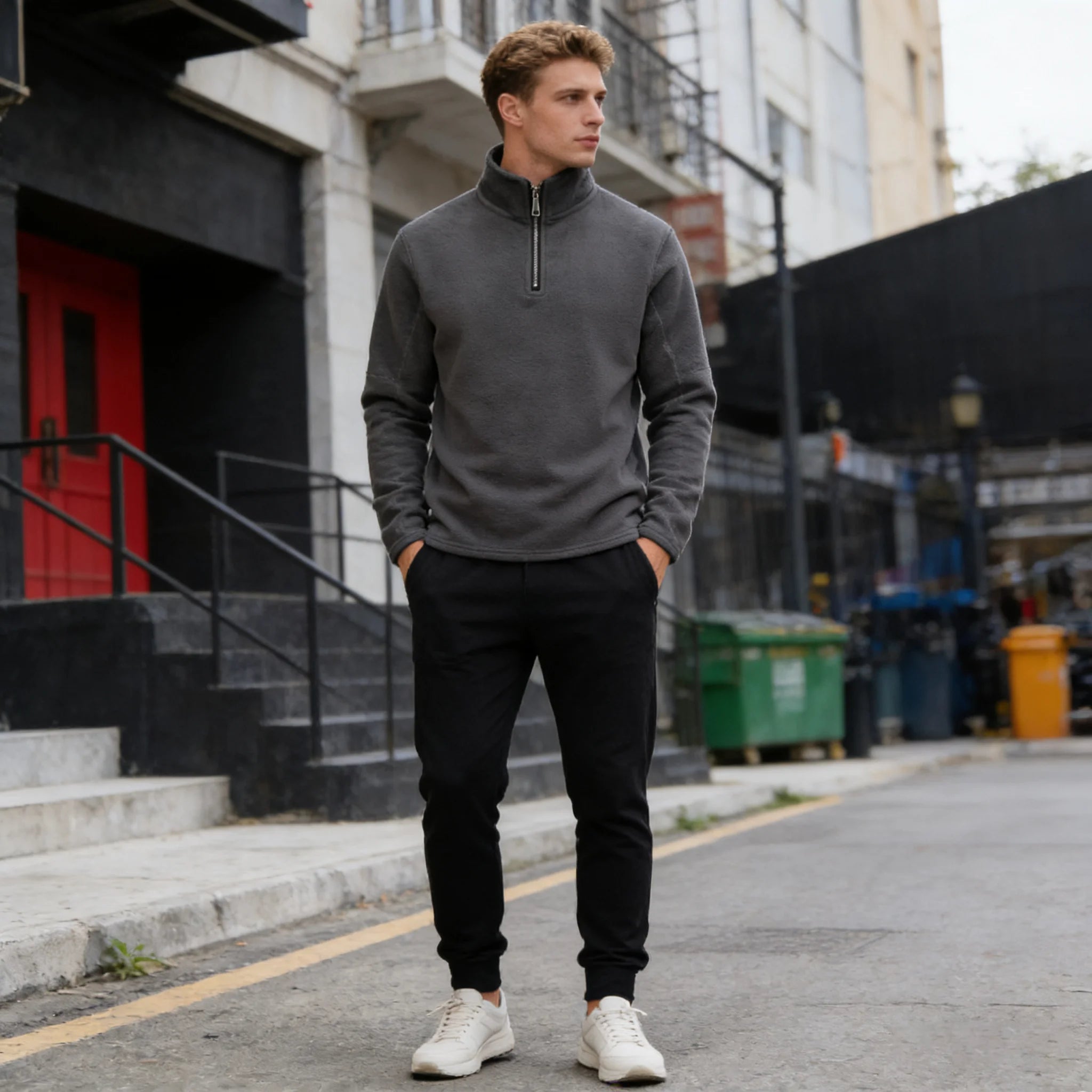 Men's Thick Warm Fleece Pullover Hoodie, Zip Neck