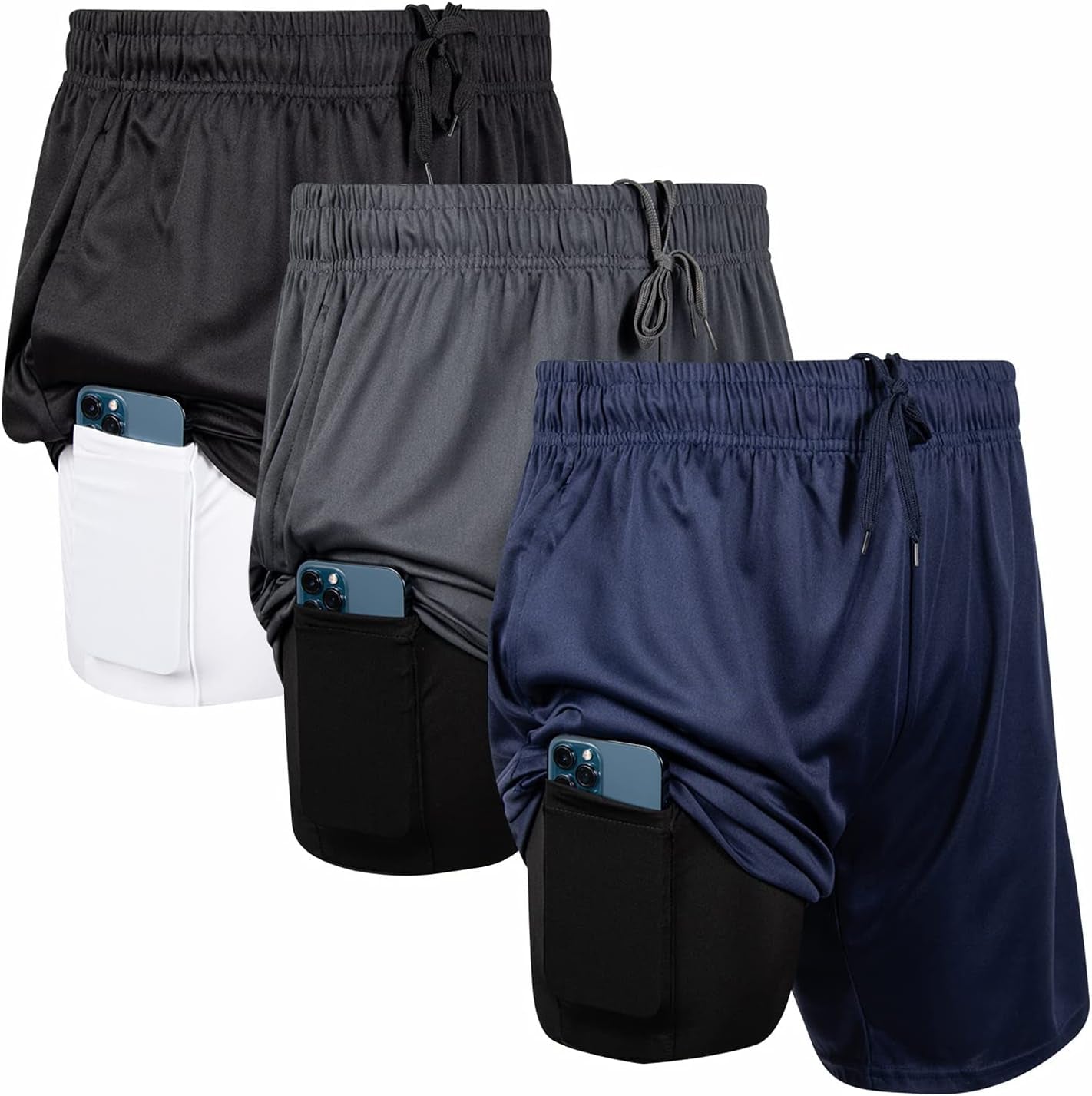 3 Pack Men Workout Shorts 2 in 1 Compression Liner Short