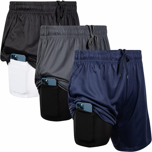 3 Pack Men Workout Shorts 2 in 1 Compression Liner Short
