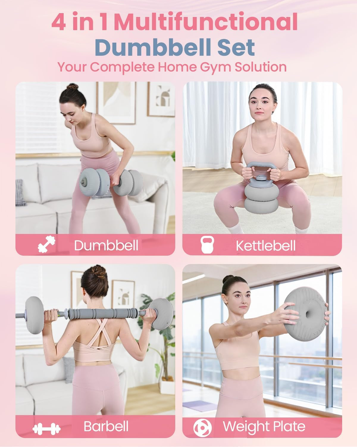 4-In-1 Adjustable Dumbbell, Barbell & Kettlebell Set