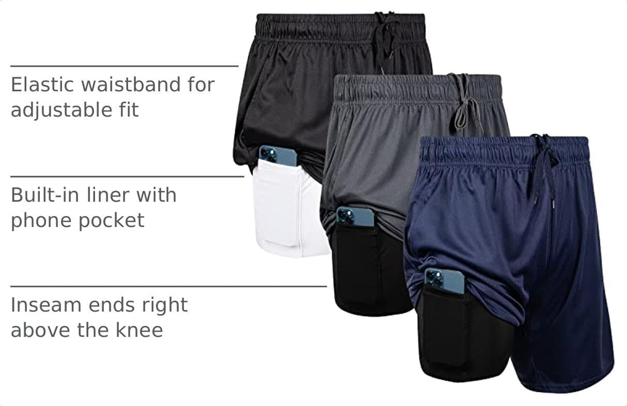 3 Pack Men Workout Shorts 2 in 1 Compression Liner Short
