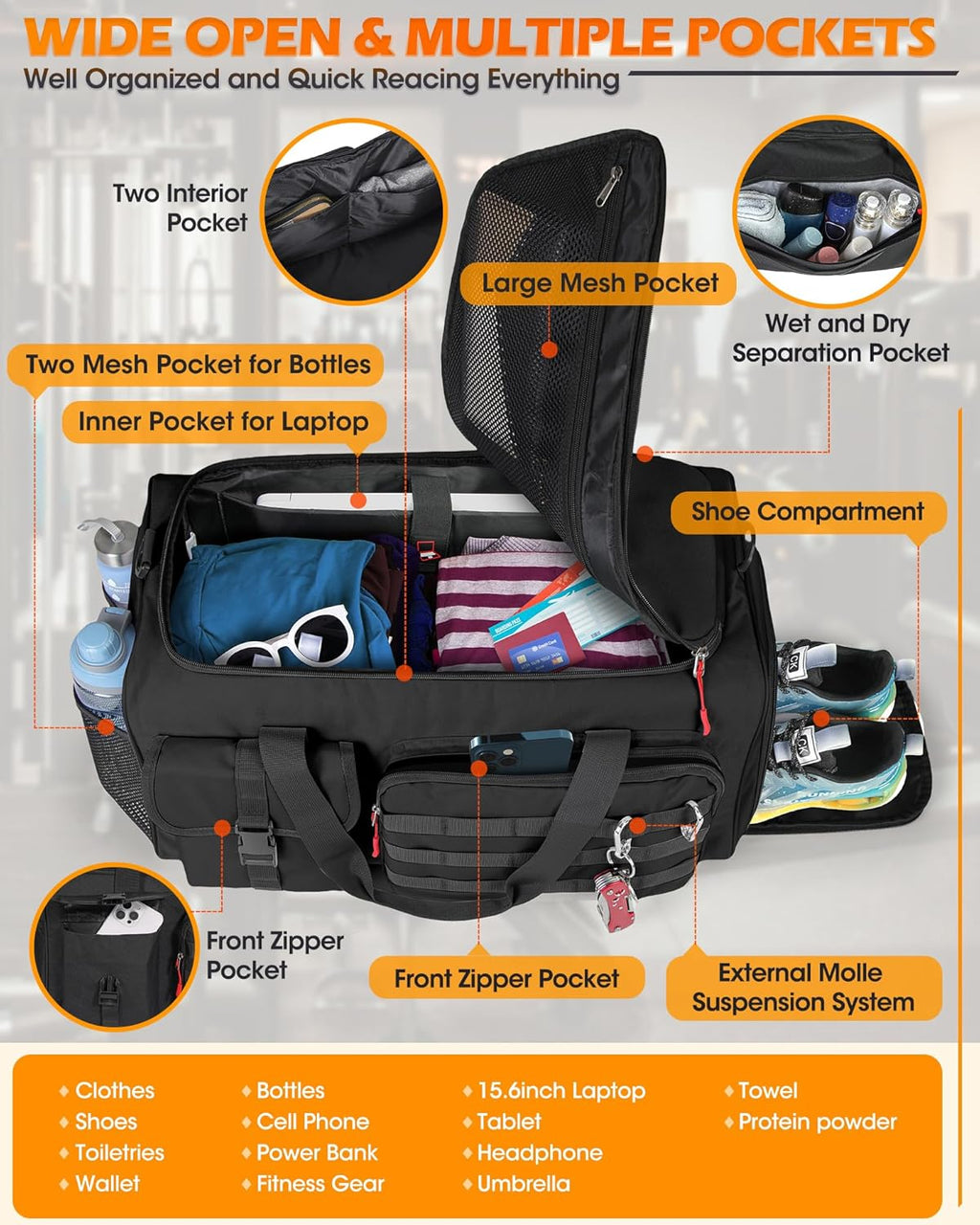 45L Gym Duffel Bag with Shoe & Laptop Compartment